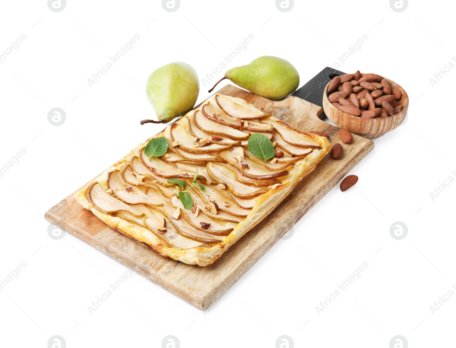 Photo of Delicious puff pastry tart with pears, almond and mint isolated on white