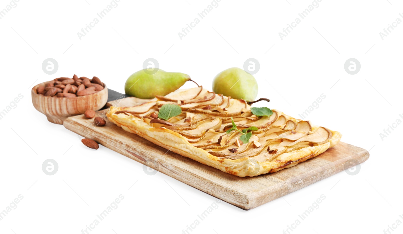 Photo of Delicious puff pastry tart with pears, almond and mint isolated on white