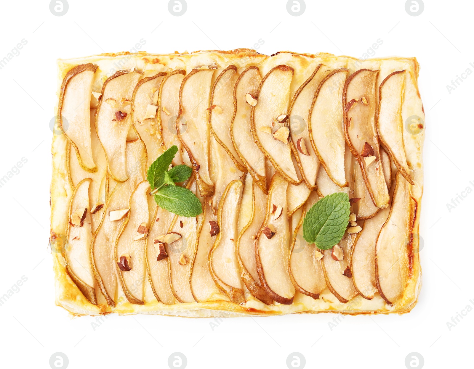 Photo of Delicious puff pastry tart with pears, almond and mint isolated on white, top view