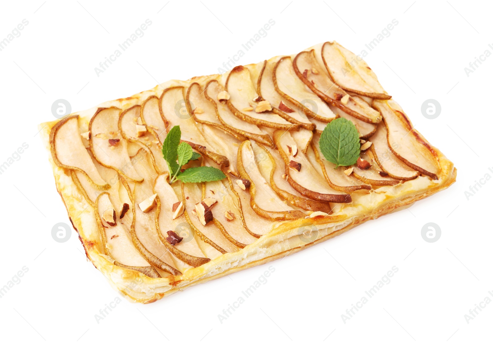 Photo of Delicious puff pastry tart with pears, almond and mint isolated on white