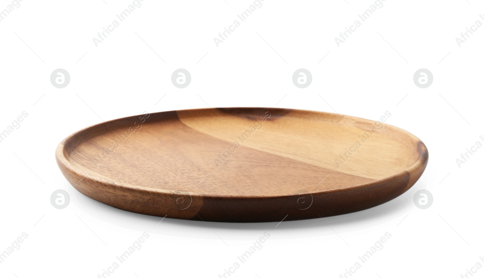 Photo of One wooden plate isolated on white. Tableware