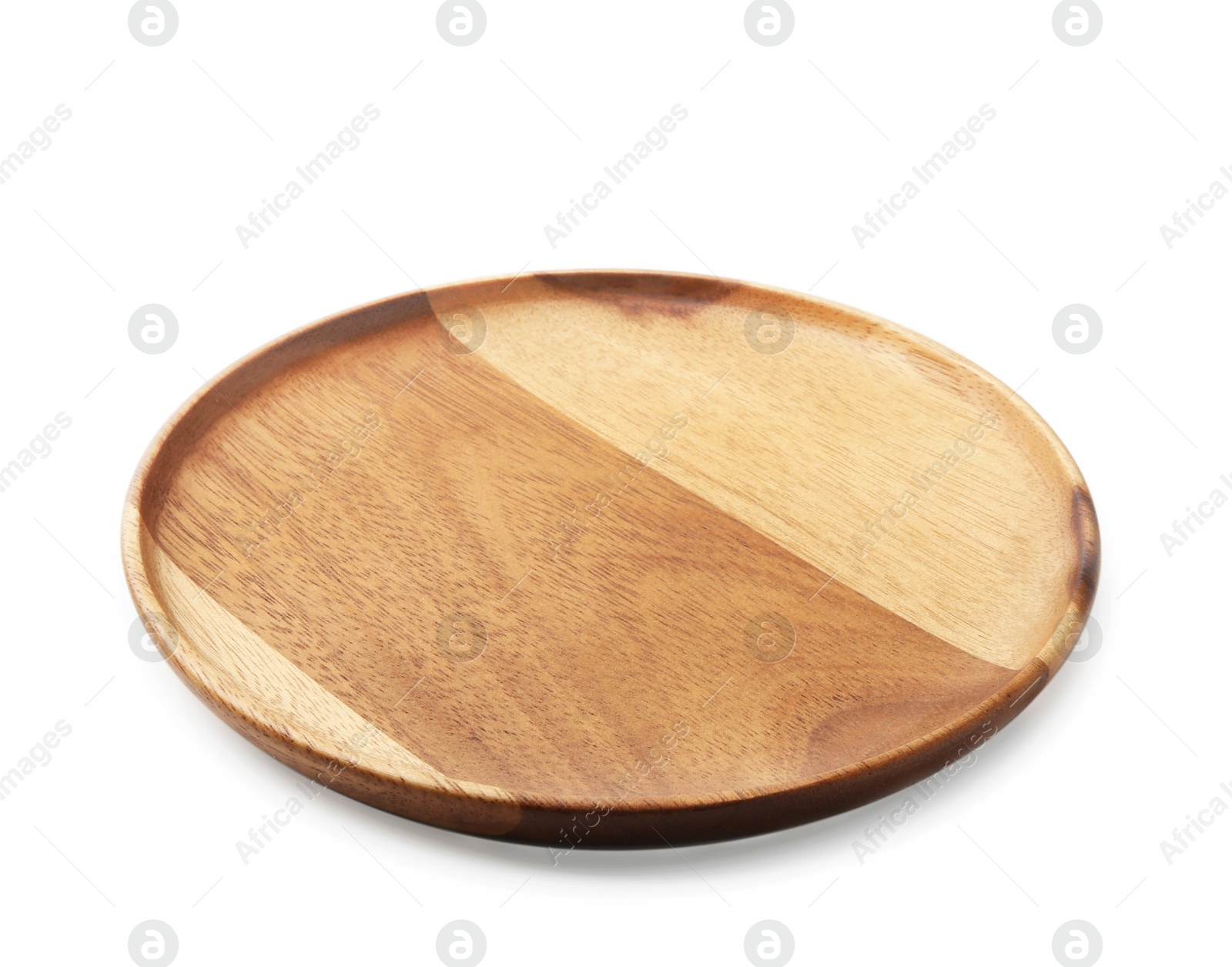 Photo of One wooden plate isolated on white. Tableware