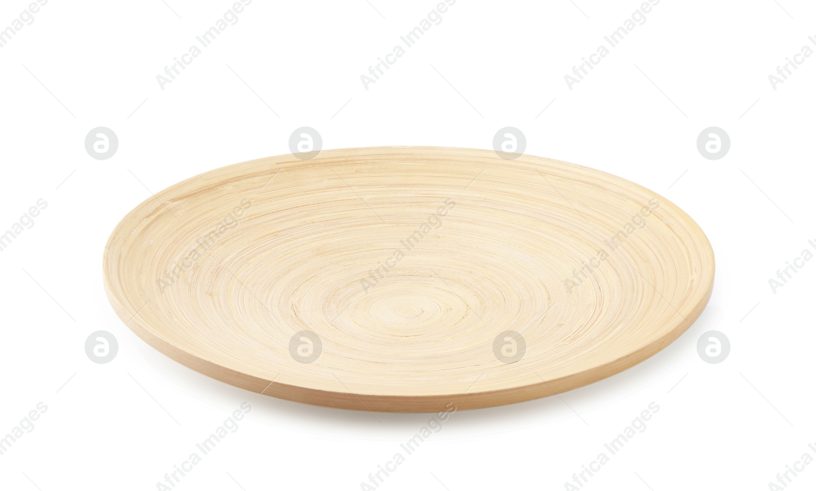 Photo of One wooden plate isolated on white. Tableware