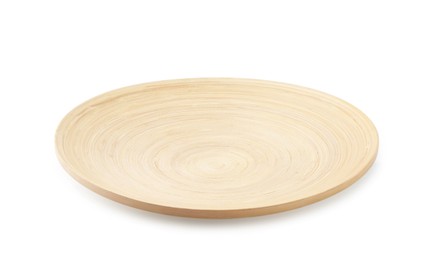 Photo of One wooden plate isolated on white. Tableware