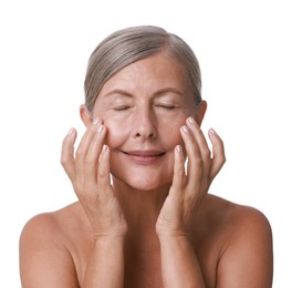 Photo of Beautiful woman doing facial massage on white background