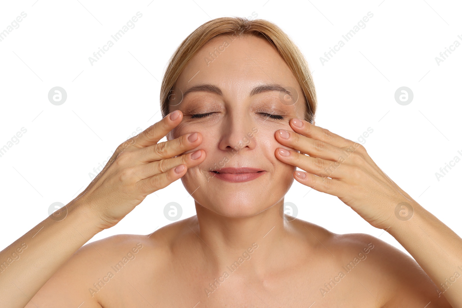 Photo of Beautiful woman doing facial self massage on white background