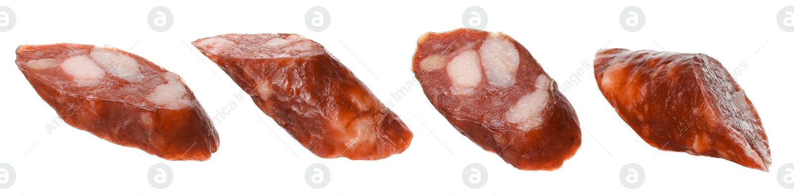 Image of Dry smoked sausage pieces isolated on white, collage