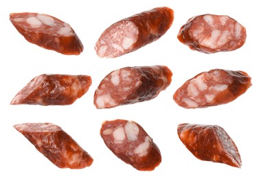 Image of Dry smoked sausage pieces isolated on white, collage