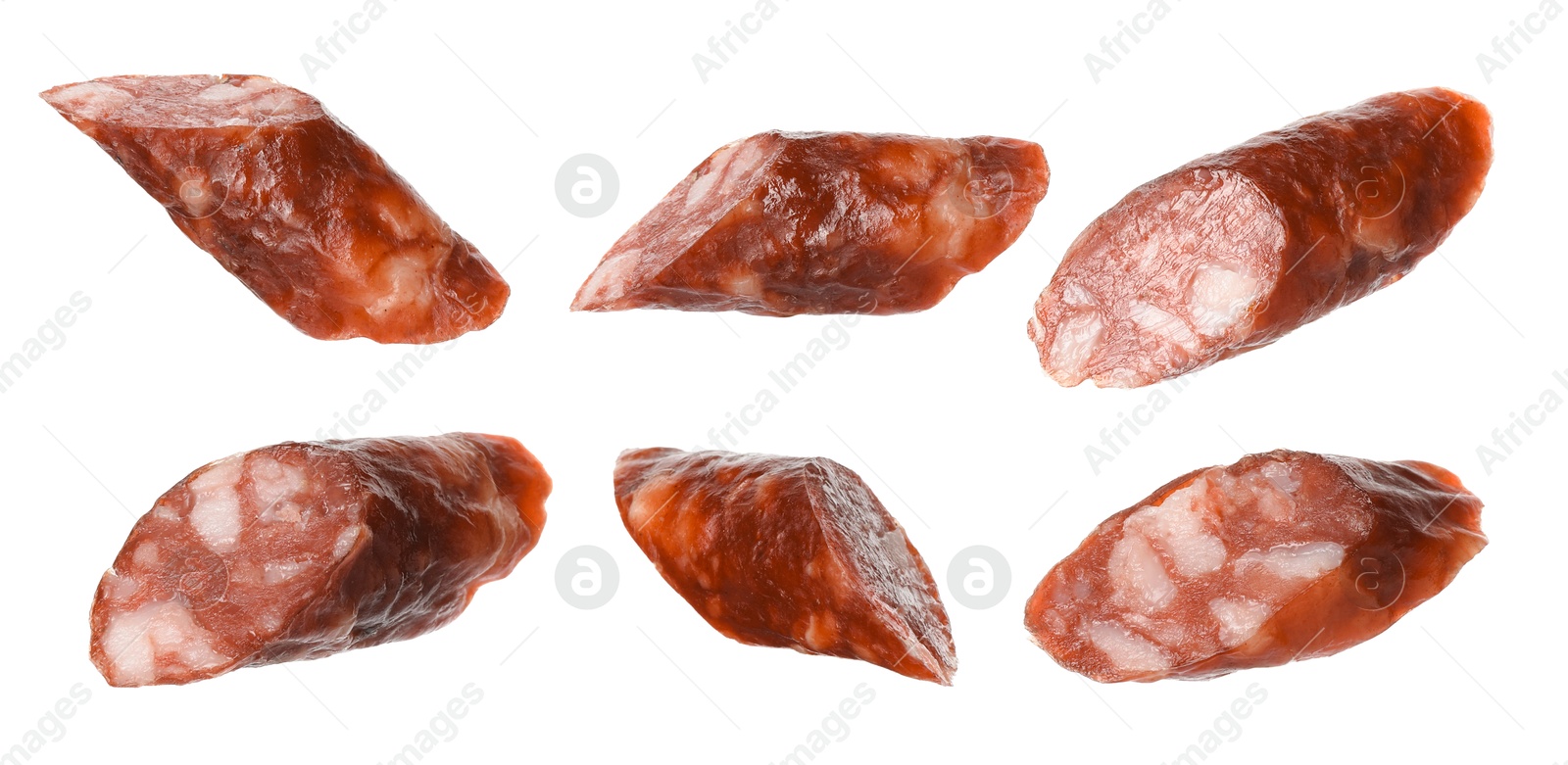 Image of Dry smoked sausage pieces isolated on white, collage