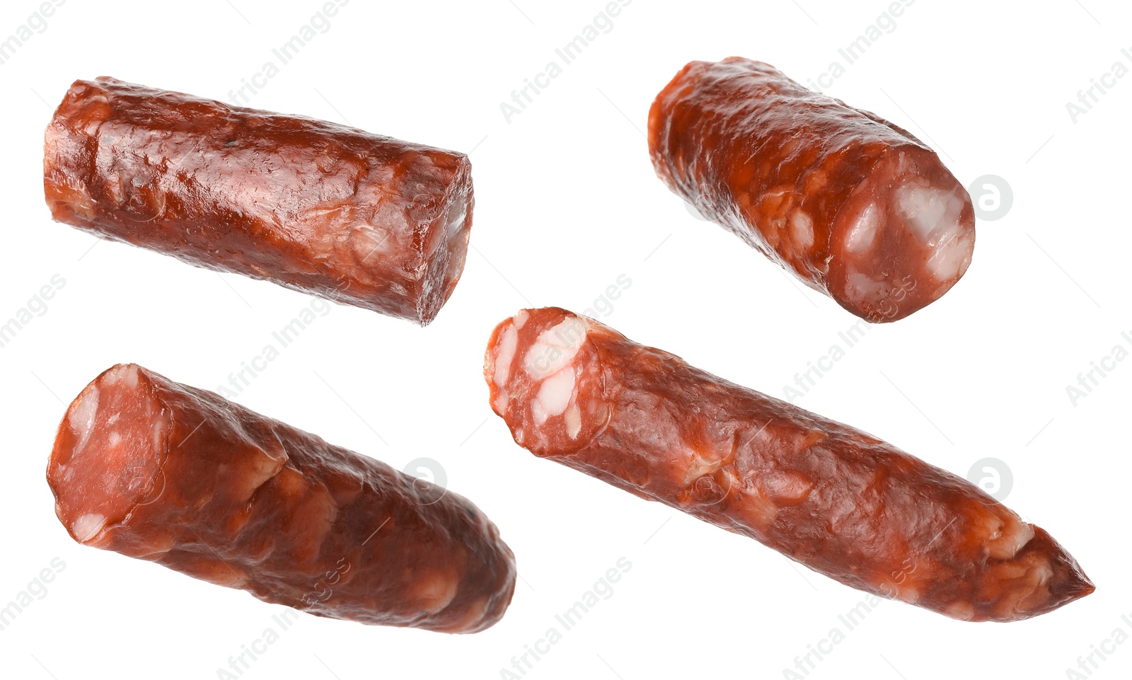 Image of Dry smoked sausage pieces isolated on white, collage