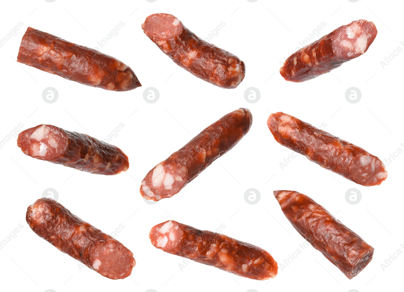 Image of Dry smoked sausage pieces isolated on white, collage