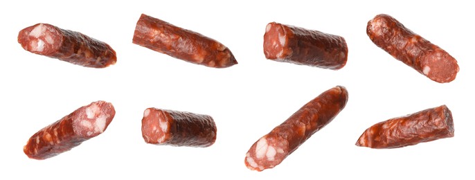 Image of Dry smoked sausage pieces isolated on white, collage