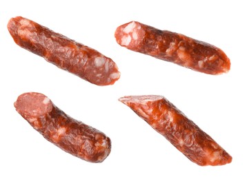 Image of Dry smoked sausage pieces isolated on white, collage