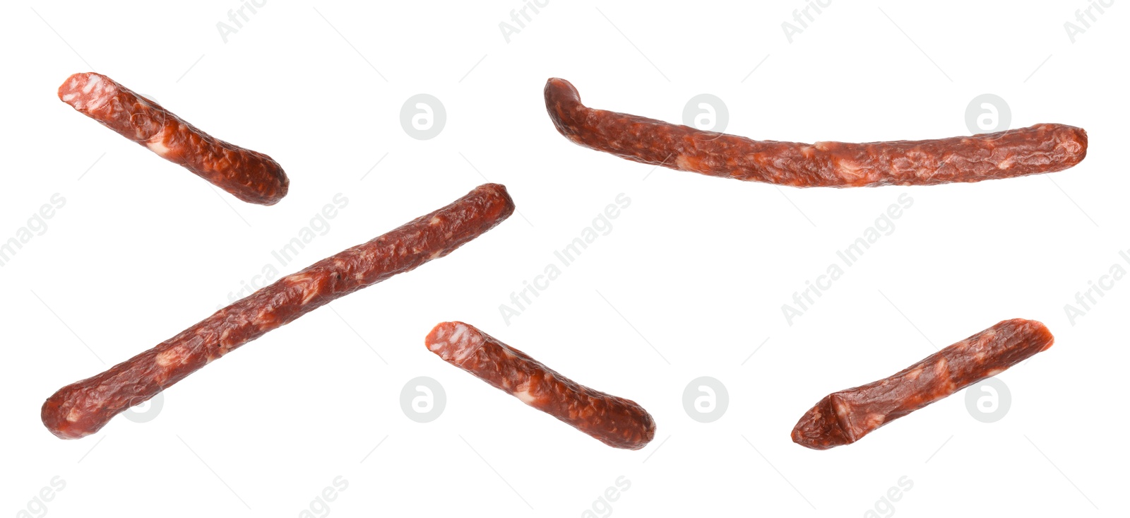 Image of Dry smoked sausages isolated on white, collage