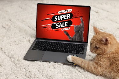 Laptop with open online pet shop website. Cute ginger cat touching credit card with paw on computer at home