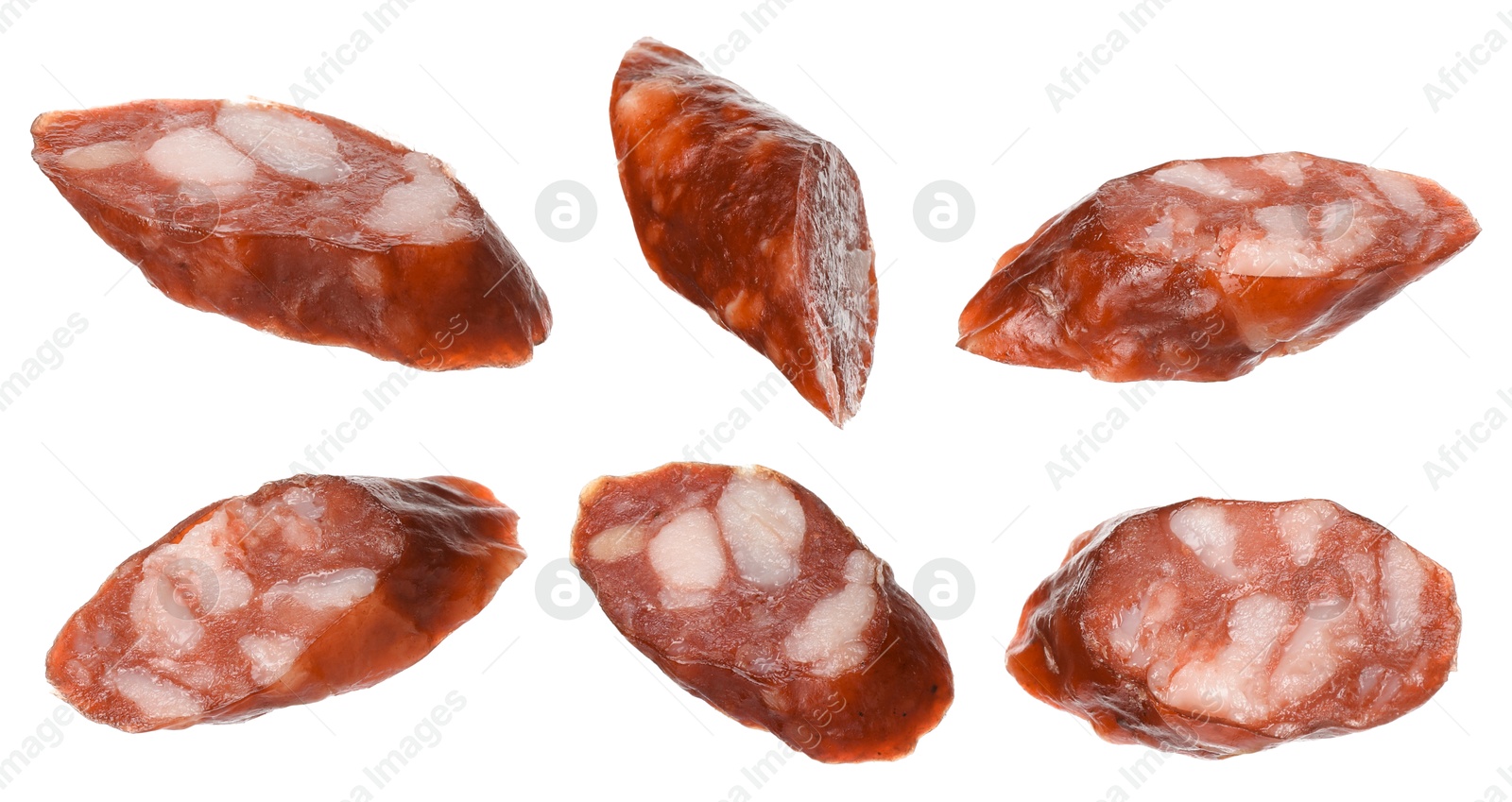 Image of Dry smoked sausage pieces isolated on white, collage