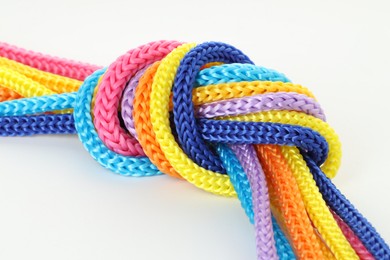 Photo of Colorful ropes tied in knot on white background, closeup. Unity concept