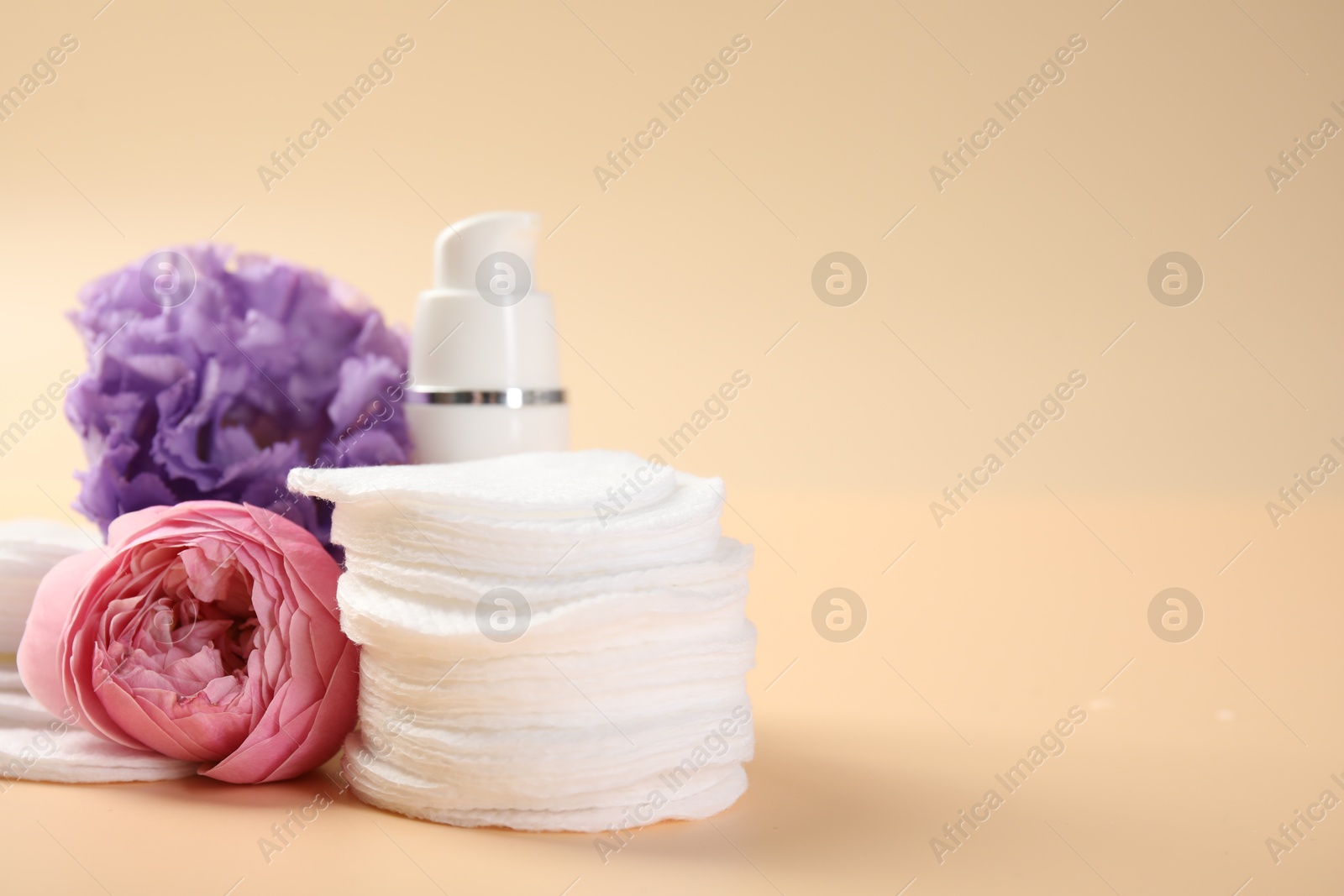 Photo of Cotton pads, cosmetic product and flowers on beige background, closeup. Space for text