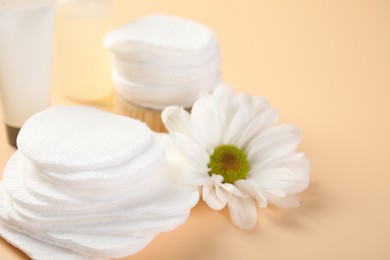 Photo of Cotton pads, cosmetic products and daisy flower on beige background, closeup