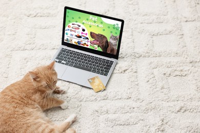 Image of Cute ginger cat near laptop with open online pet shop website on carpet