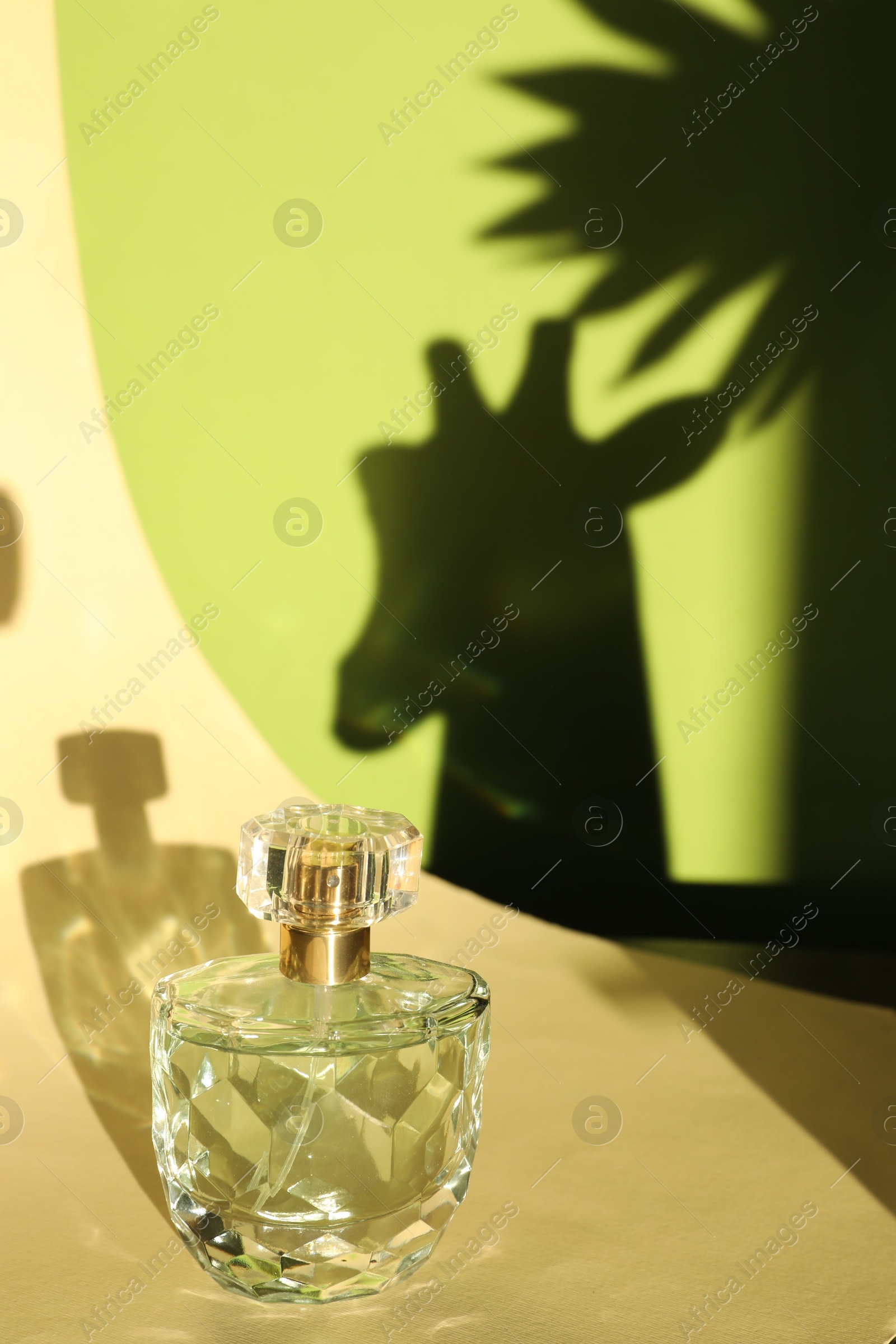 Photo of Beautiful perfume bottle on color background against shadow in shape of giraffe