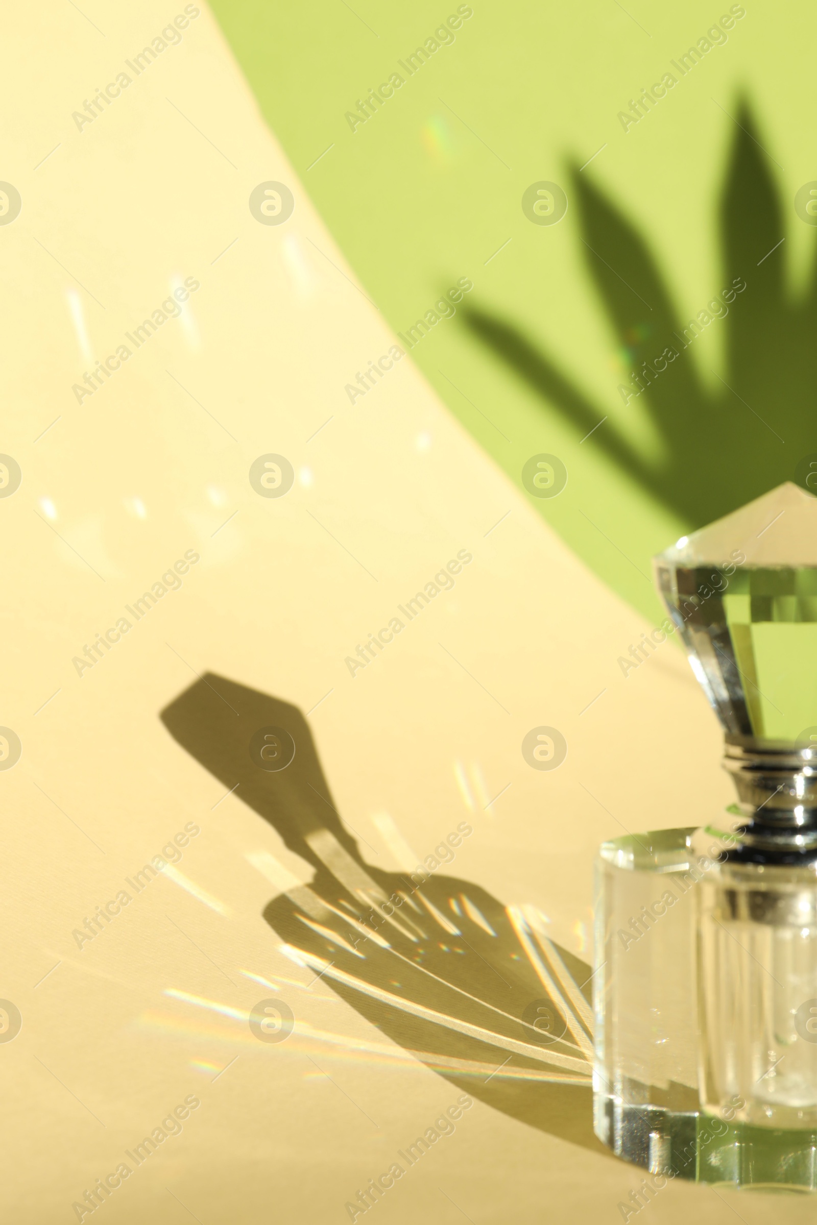 Photo of Beautiful perfume bottle on color background against shadow in shape of leaf