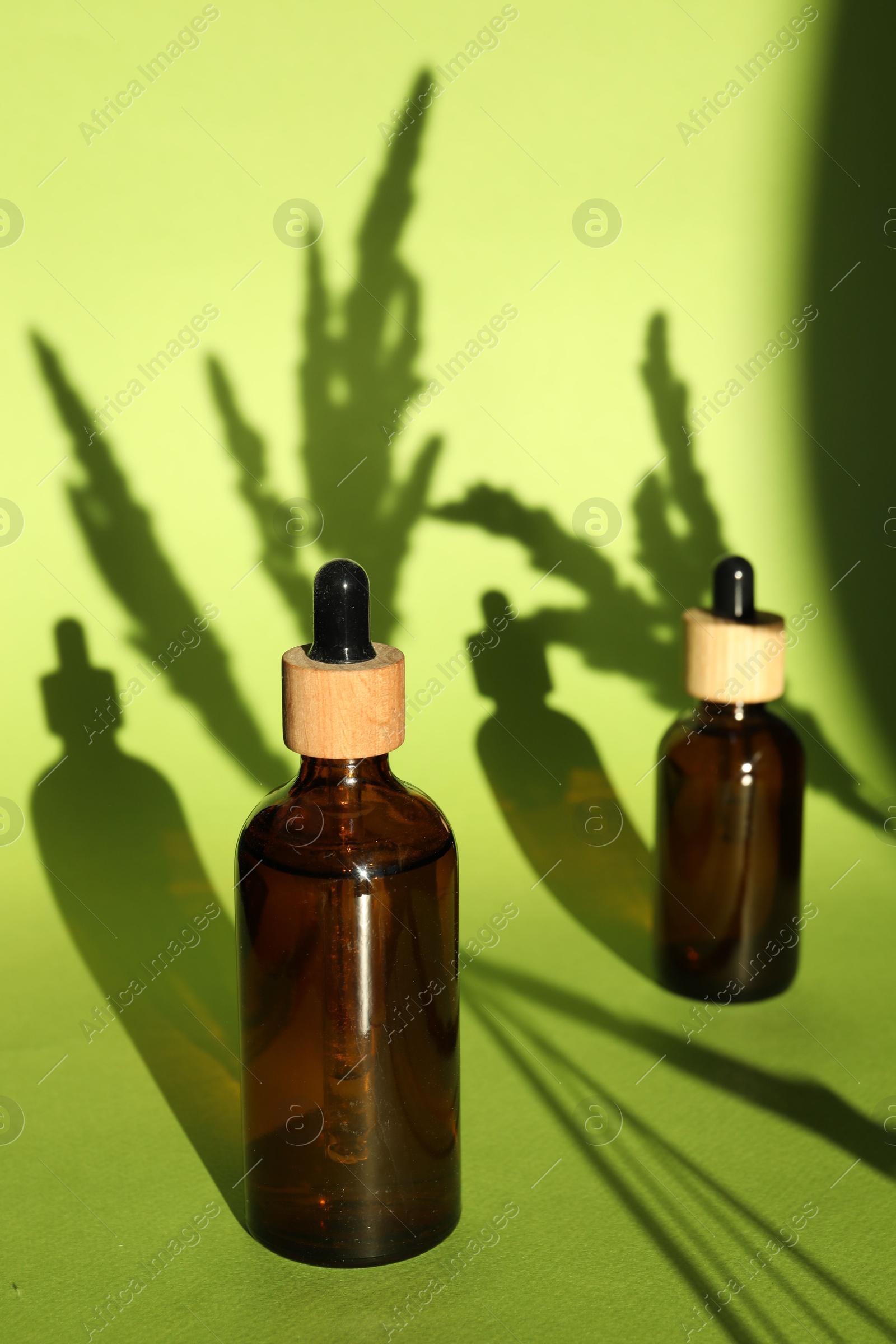 Photo of Bottles of skin care product on light green background with beautiful shadows