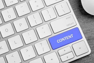 Image of Computer keyboard with word Content on blue button, closeup