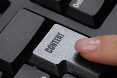 Image of Woman pushing button with word Content on computer keyboard, closeup