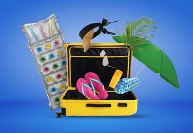 Image of Suitcase and flying beach items on blue background. Ready to travel