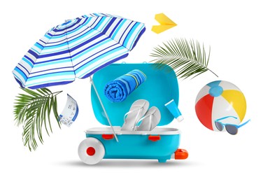 Image of Suitcase and flying beach items on white background. Ready to travel