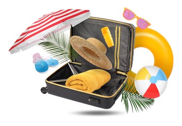 Image of Suitcase and beach items in air on white background. Ready to travel