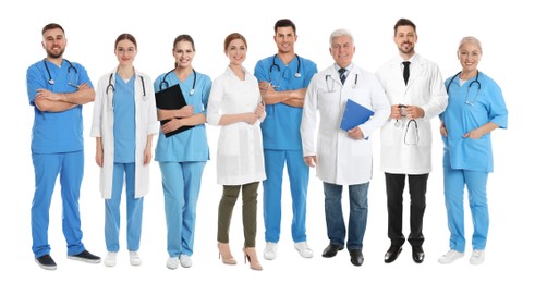 Image of Different healthcare workers in uniforms on white background