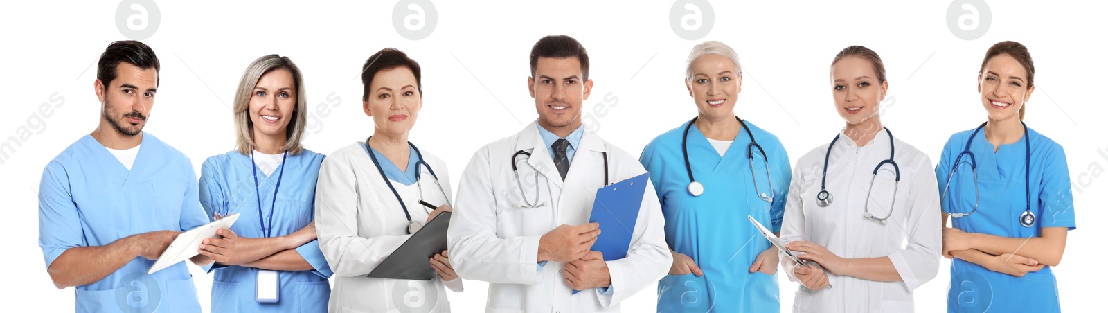 Image of Different healthcare workers in uniforms on white background