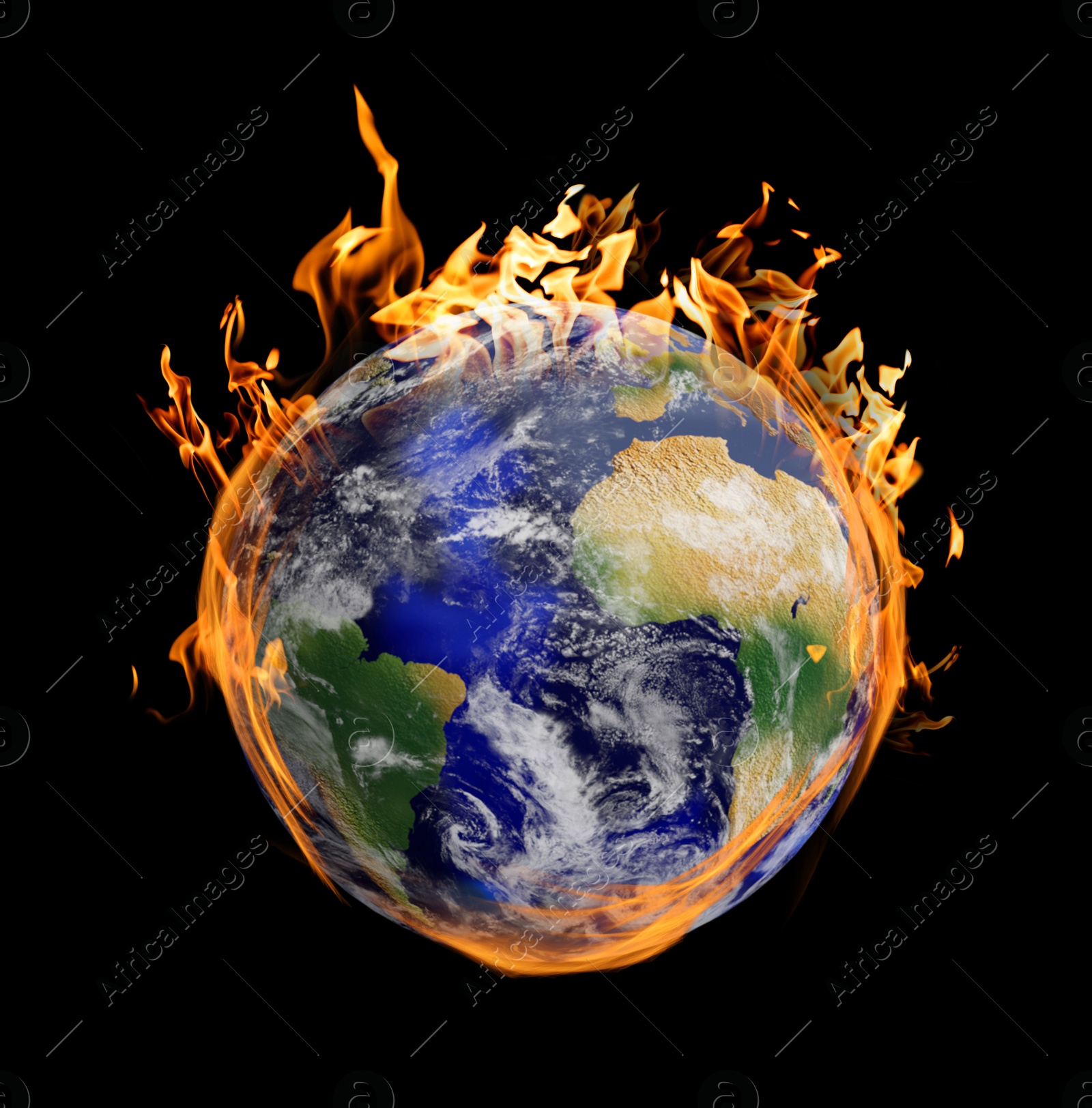 Image of Planet Earth on fire against black background. Conceptual image for global warming. Image elements furnished by NASA