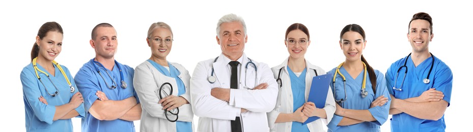 Image of Different healthcare workers in uniforms on white background