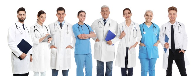 Image of Different healthcare workers in uniforms on white background