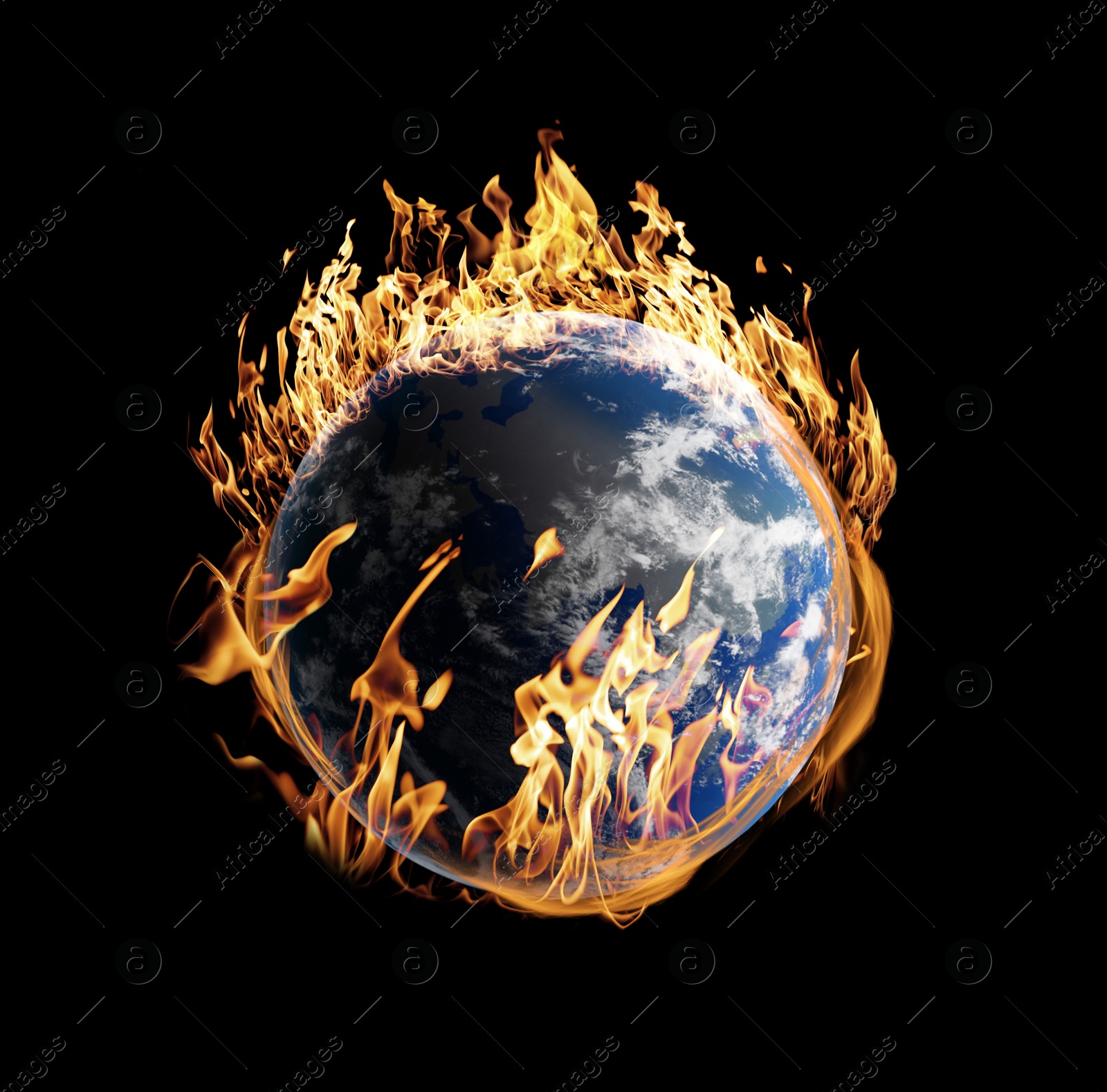 Image of Planet Earth on fire against black background. Conceptual image for global warming. Image elements furnished by NASA