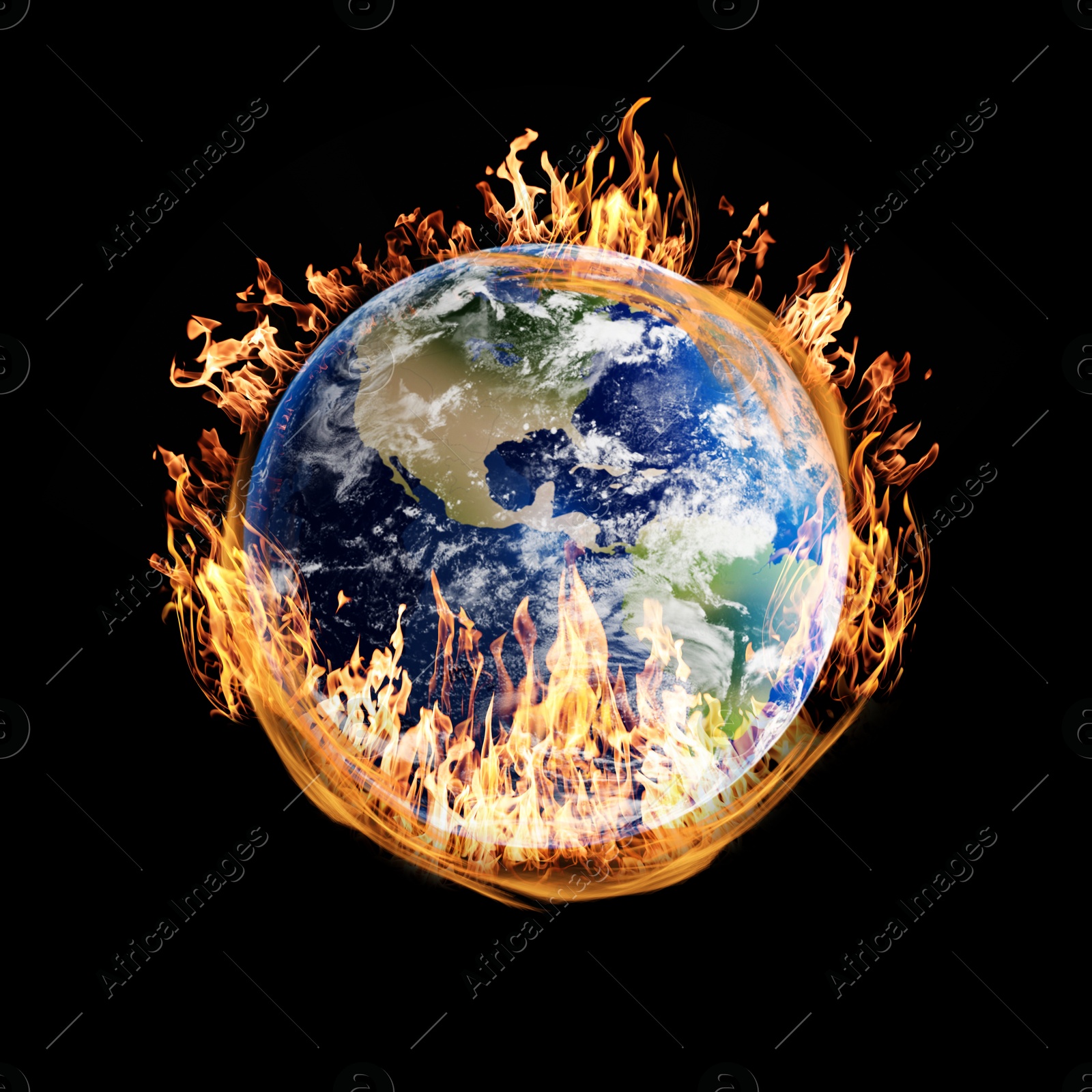 Image of Planet Earth on fire against black background. Conceptual image for global warming. Image elements furnished by NASA