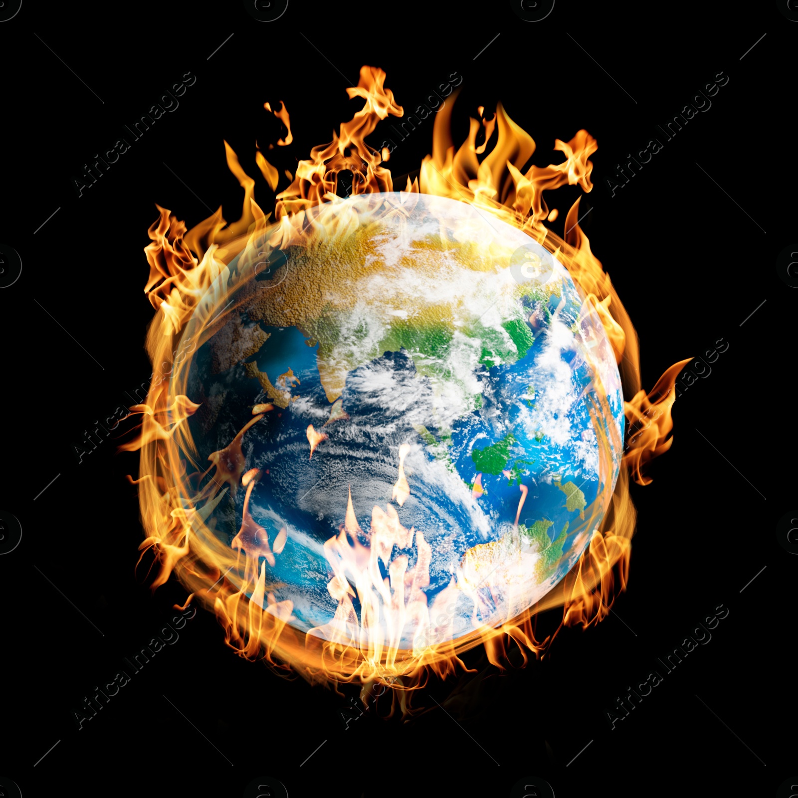 Image of Planet Earth on fire against black background. Conceptual image for global warming. Image elements furnished by NASA