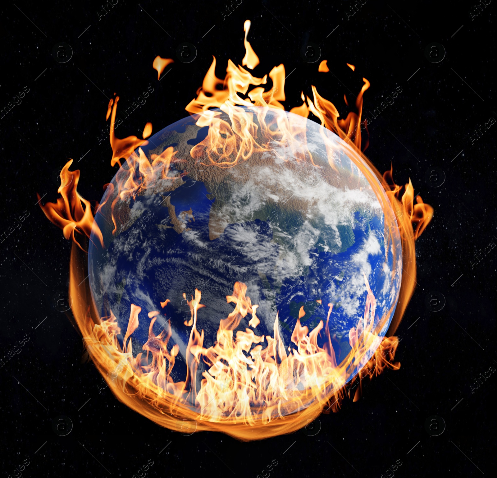 Image of Planet Earth on fire against black background. Conceptual image for global warming. Image elements furnished by NASA