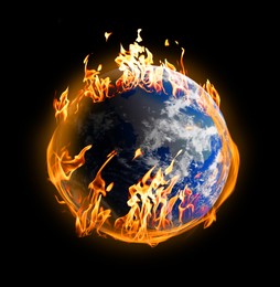 Image of Planet Earth on fire against black background. Conceptual image for global warming. Image elements furnished by NASA