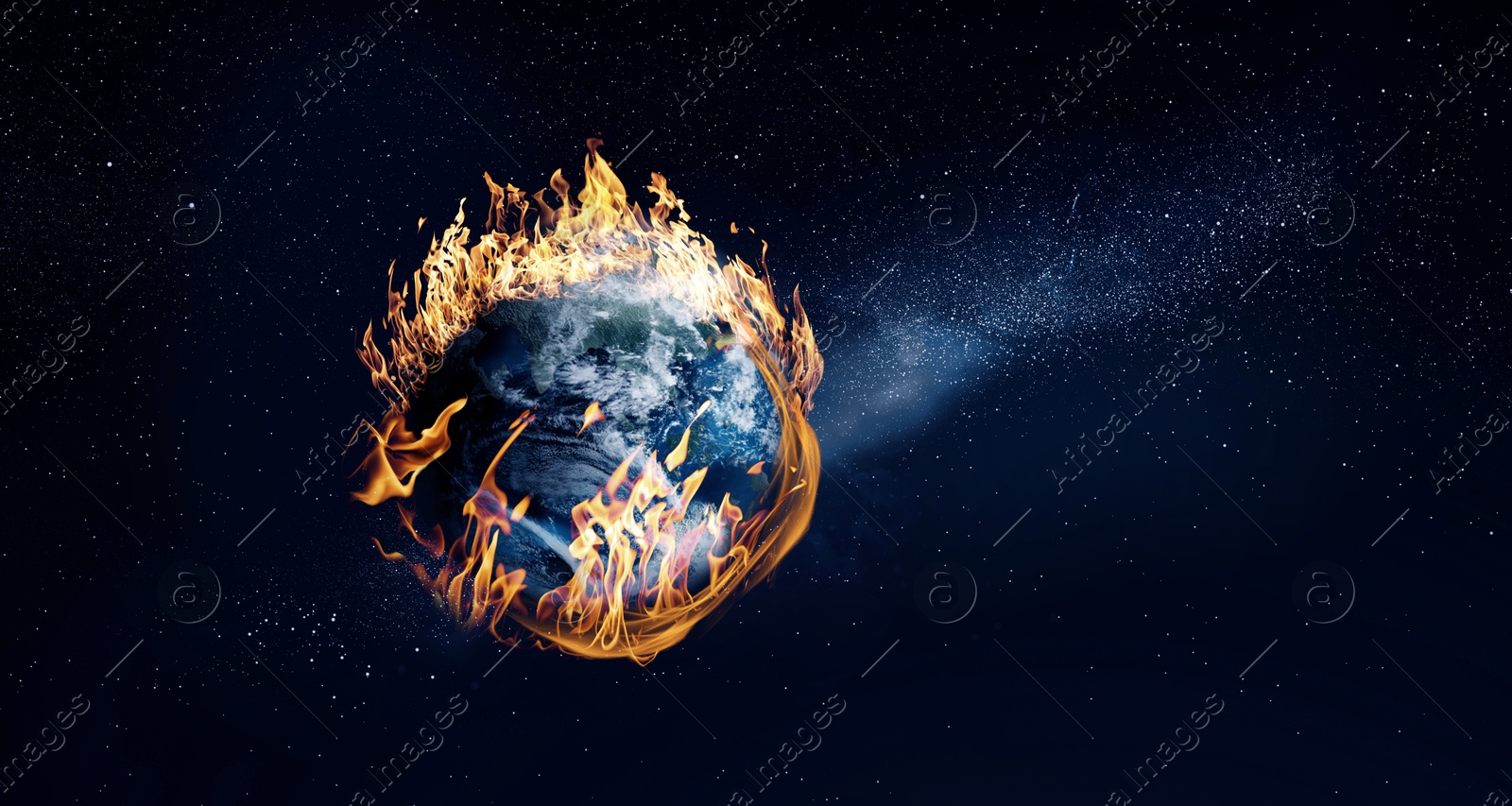 Image of Planet Earth on fire in space, banner design. Conceptual image for global warming. Image elements furnished by NASA