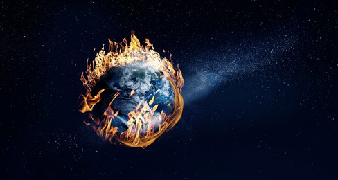 Image of Planet Earth on fire in space, banner design. Conceptual image for global warming. Image elements furnished by NASA