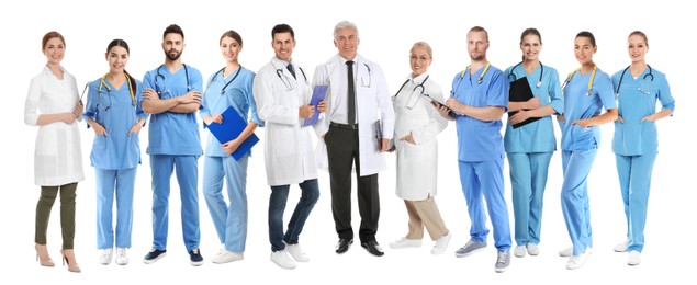 Different healthcare workers in uniforms on white background