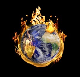 Image of Planet Earth on fire against black background. Conceptual image for global warming. Image elements furnished by NASA