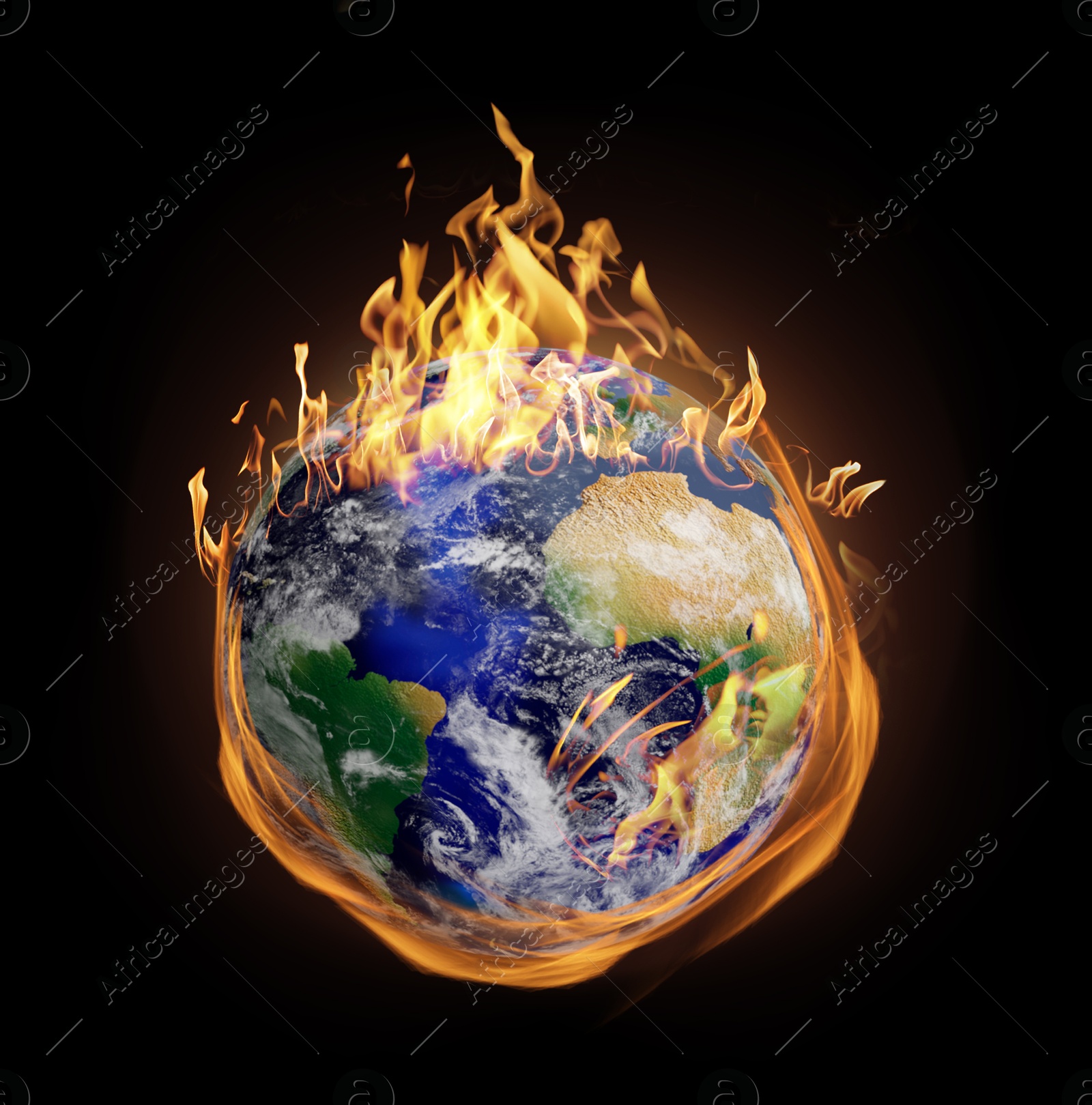 Image of Planet Earth on fire against black background. Conceptual image for global warming. Image elements furnished by NASA