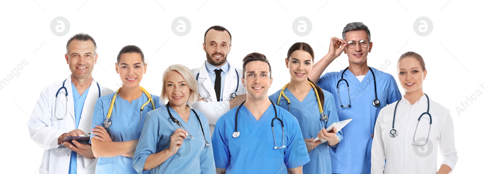 Image of Different healthcare workers in uniforms on white background