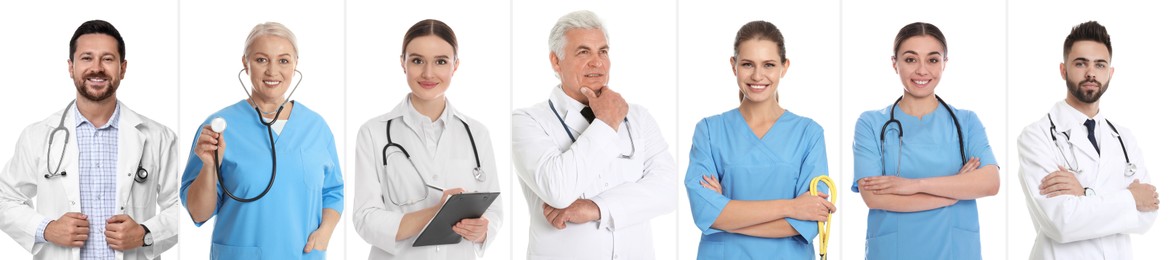 Different healthcare workers in uniforms on white background