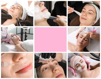 Image of Cosmetology. Collage with photos of client undergoing different beauty procedures